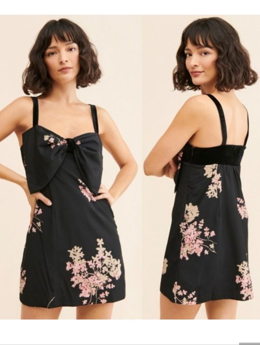 Free People Black Dress with Floral Pattern And Accent Bow